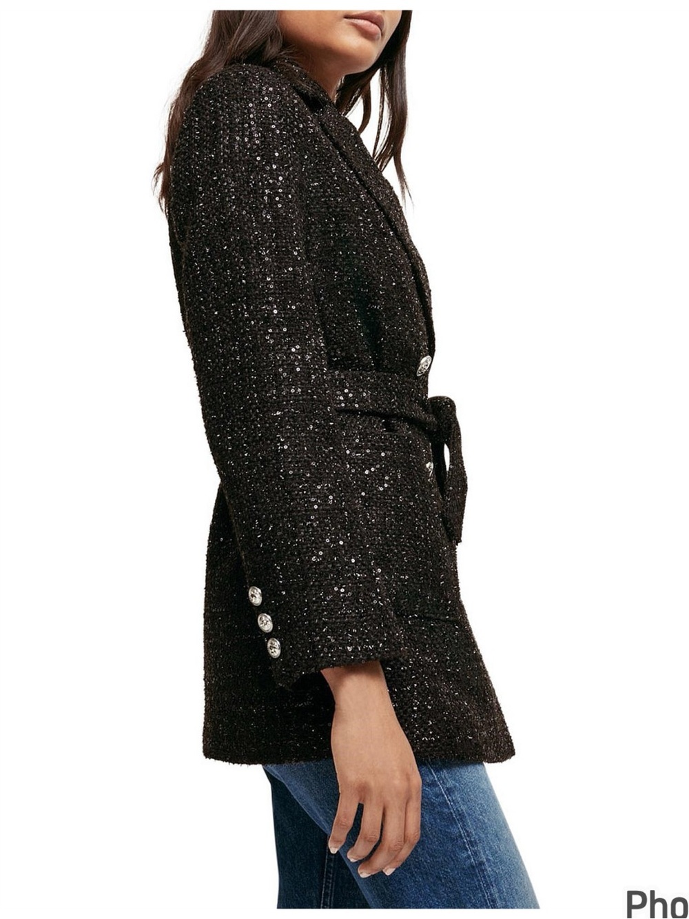 BKE Black Sequin Jeweled Tweed Belted Coat S